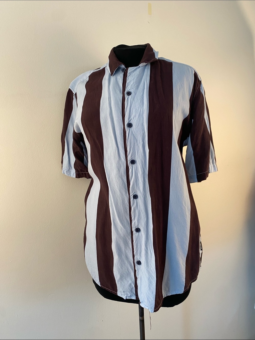 ONLY & SONS Vertical Stripe Short Sleeve Shirt in Brown & White